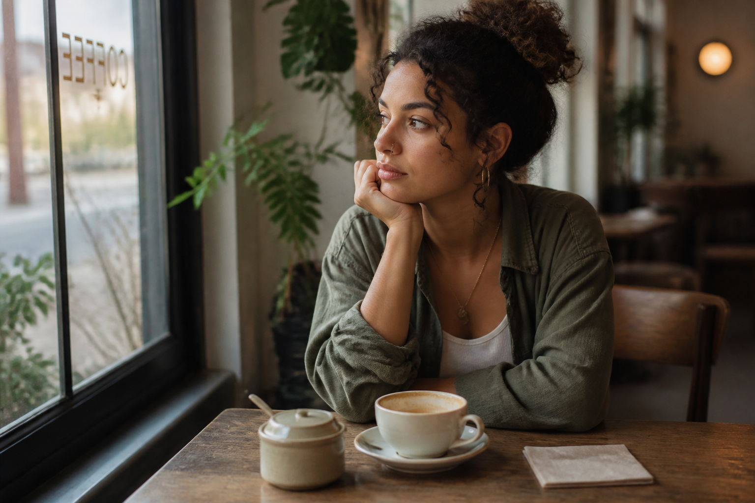Diverse person sitting alone at a coffee shop date, looking contemplative with a half-empty cup, soft natural lighting