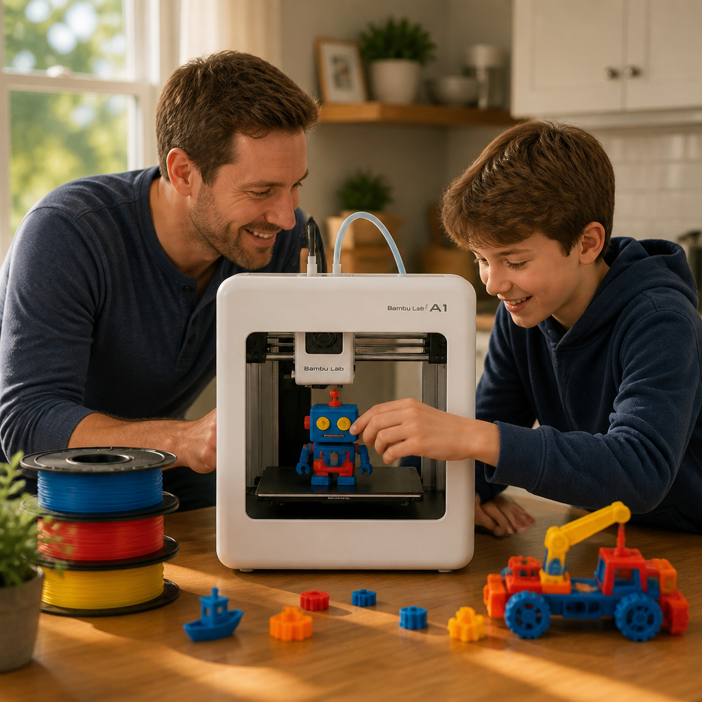 Cheerful parent and child printing a colorful toy together at home on a wooden kitchen table with soft natural light streaming through windows