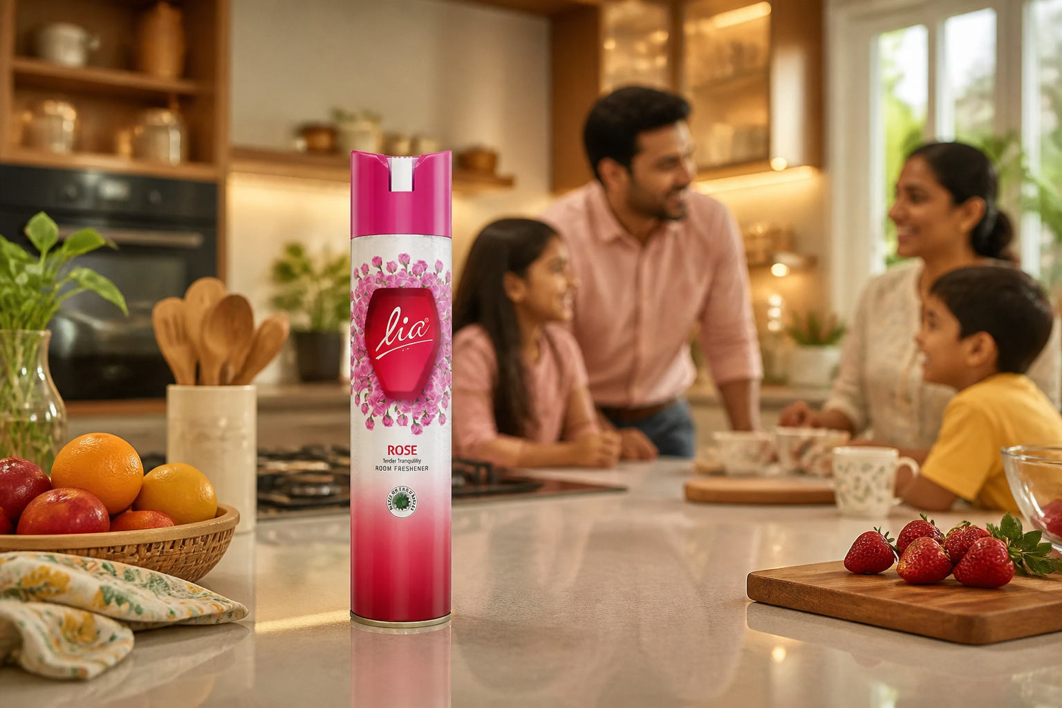 Ripple room freshener bottle placed elegantly on a modern Indian kitchen countertop, with family members enjoying a comfortable gathering in a bright, fresh-smelling home environment
