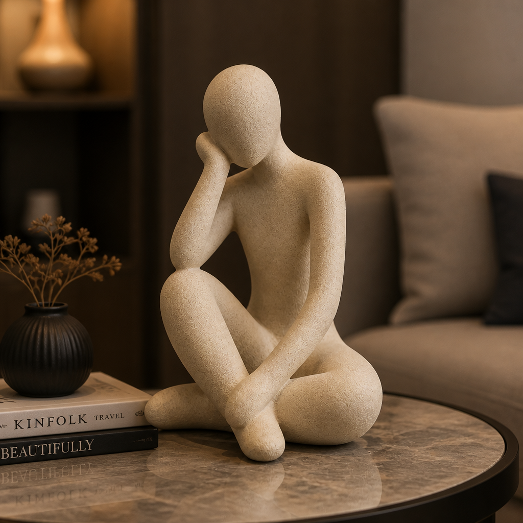 Stylized image of the Abstract Thought Thinker Accent Resin in a beautifully lit modern home setting with dramatic soft shadows and warm ambient lighting