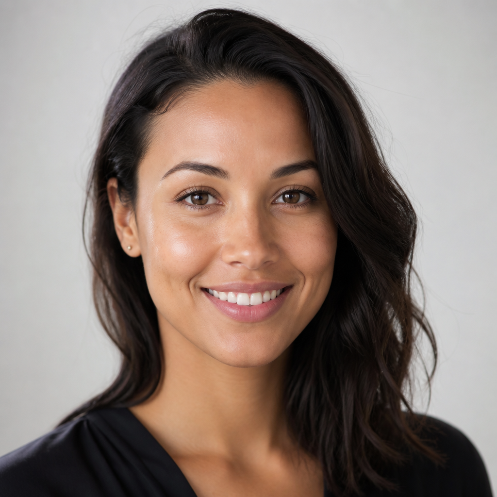Smiling young woman with mixed heritage and warm brown skin, soft natural light, casual portrait looking at camera with relaxed friendly expression
