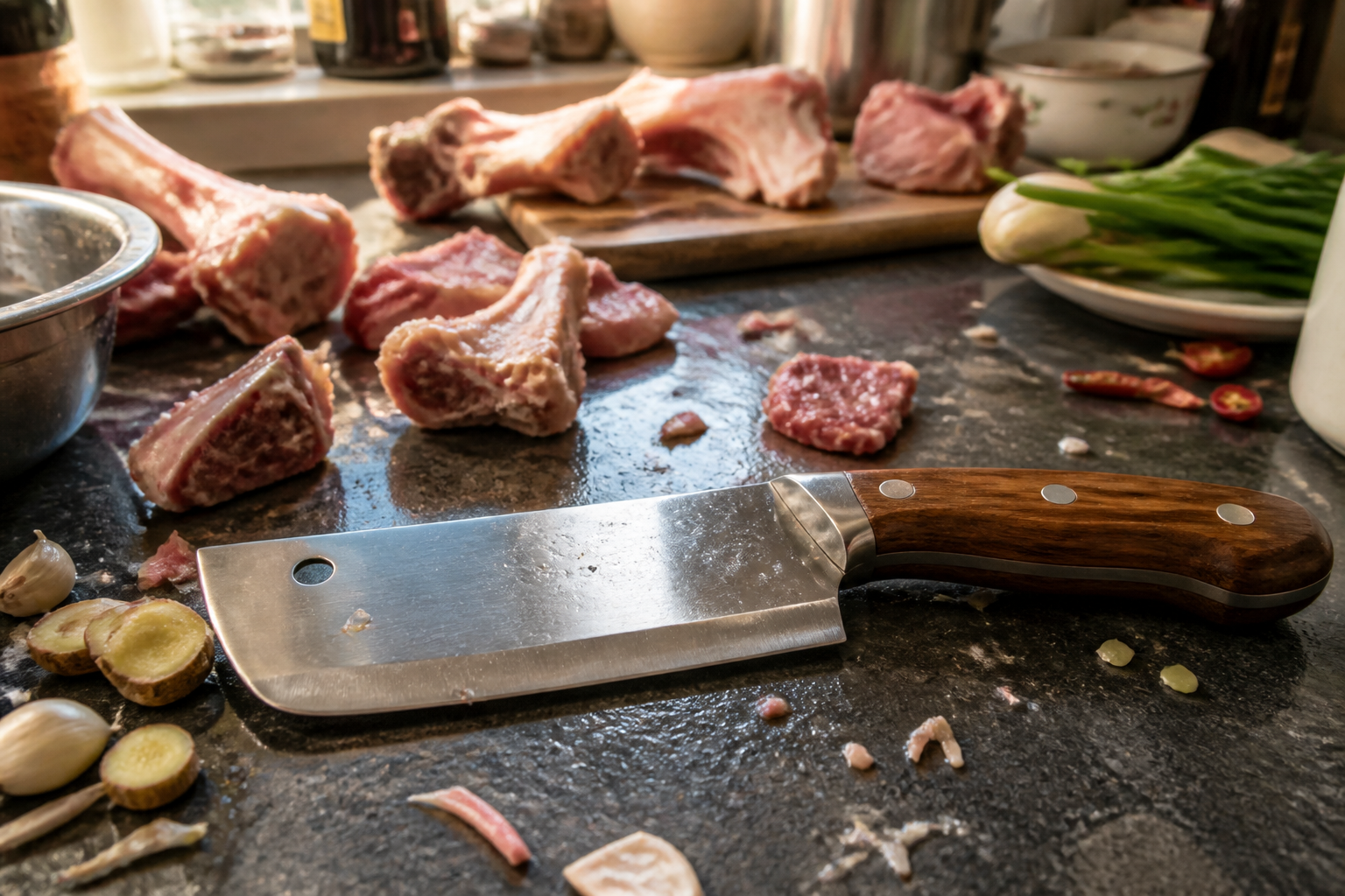 Lifestyle image of a messy kitchen counter showing struggling attempts at cutting through bones with scattered food particles and frustrated home cook