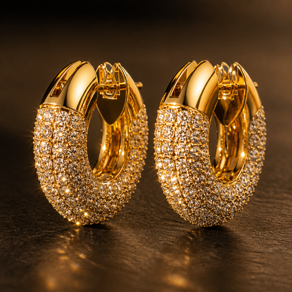 Close-up of Swarovski Dextera small hoop earring completely covered in pavé-set white crystals catching golden light from every angle on dark background