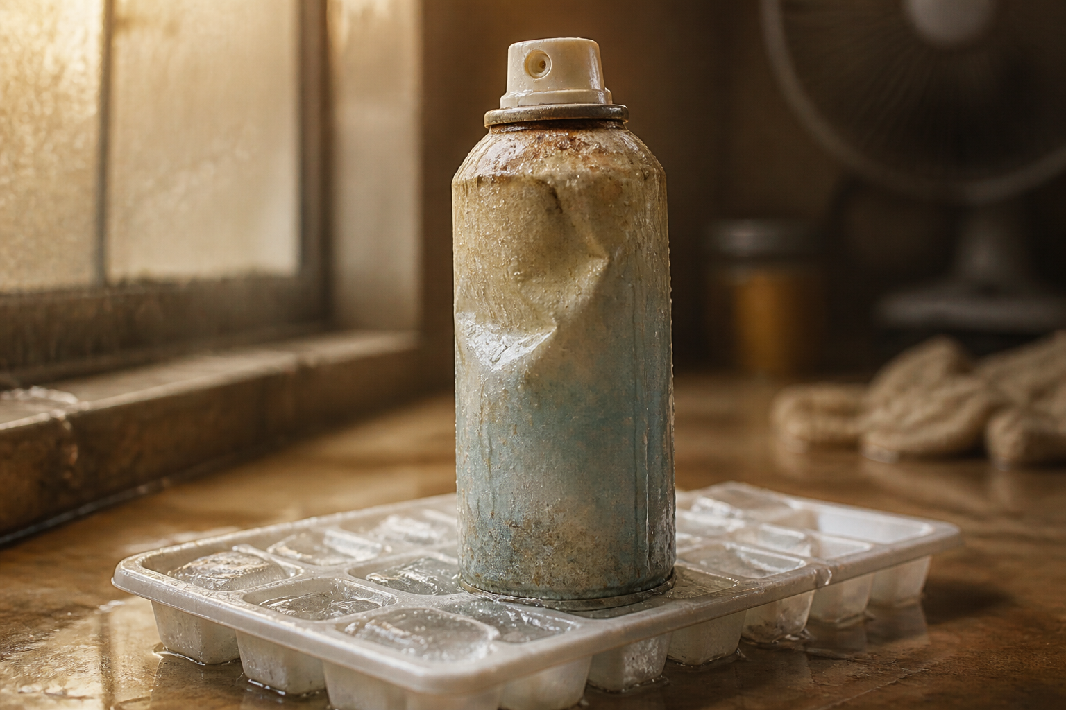 Ordinary room freshener spray can showing signs of heat damage and evaporation, bottle appearing deflated and faded with condensation dripping, placed on a melting ice cube tray in a hot humid environment with no branding visible