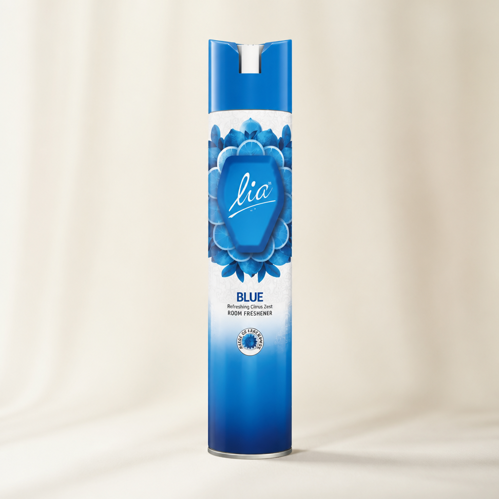 LIA Blue variant bottle with deep ocean-blue label photographed on cream background with cool tones, showing 1 litre size