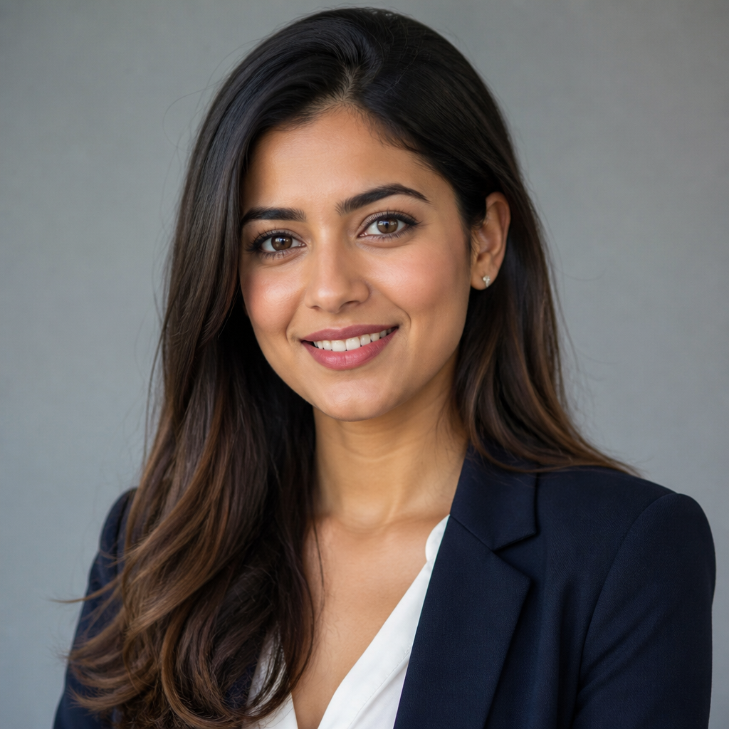 Warm smiling Indian woman with shoulder-length dark wavy hair in her mid-thirties, soft natural window light, relaxed portrait against muted beige background