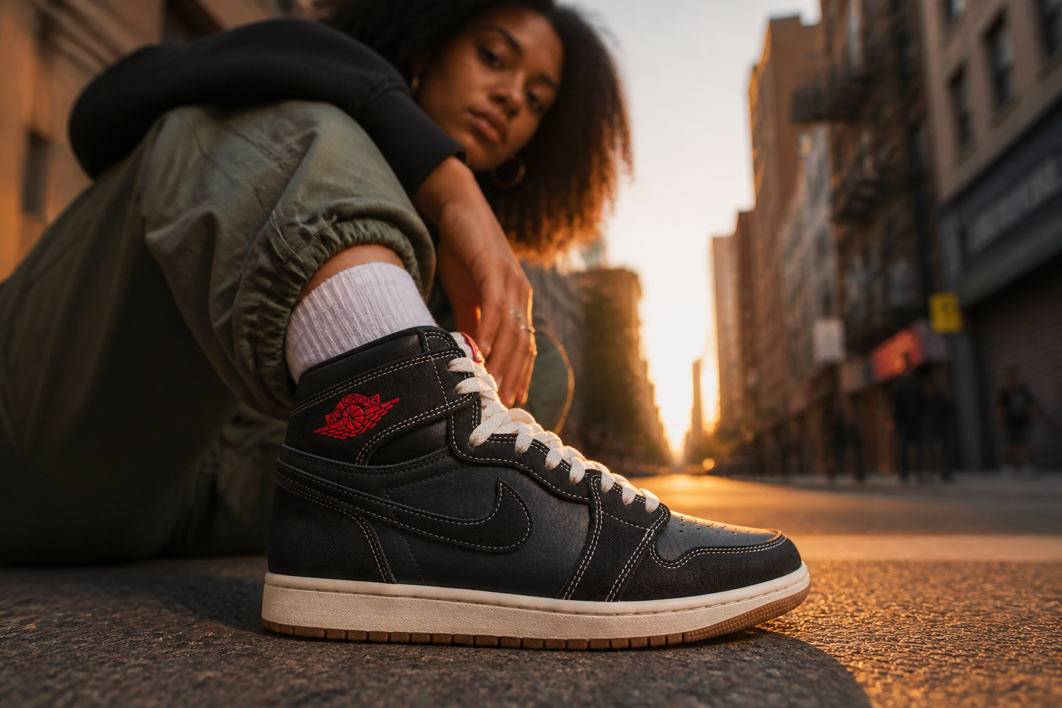 Confident diverse young adult wearing Nike Total 90 Premium sneakers, looking directly at camera with empowering expression in urban setting during golden hour