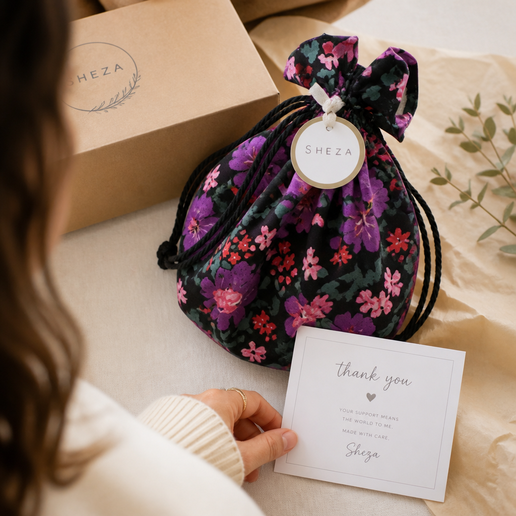 Beautifully wrapped handmade cinch bag in eco-friendly packaging with a personalized note card beside it