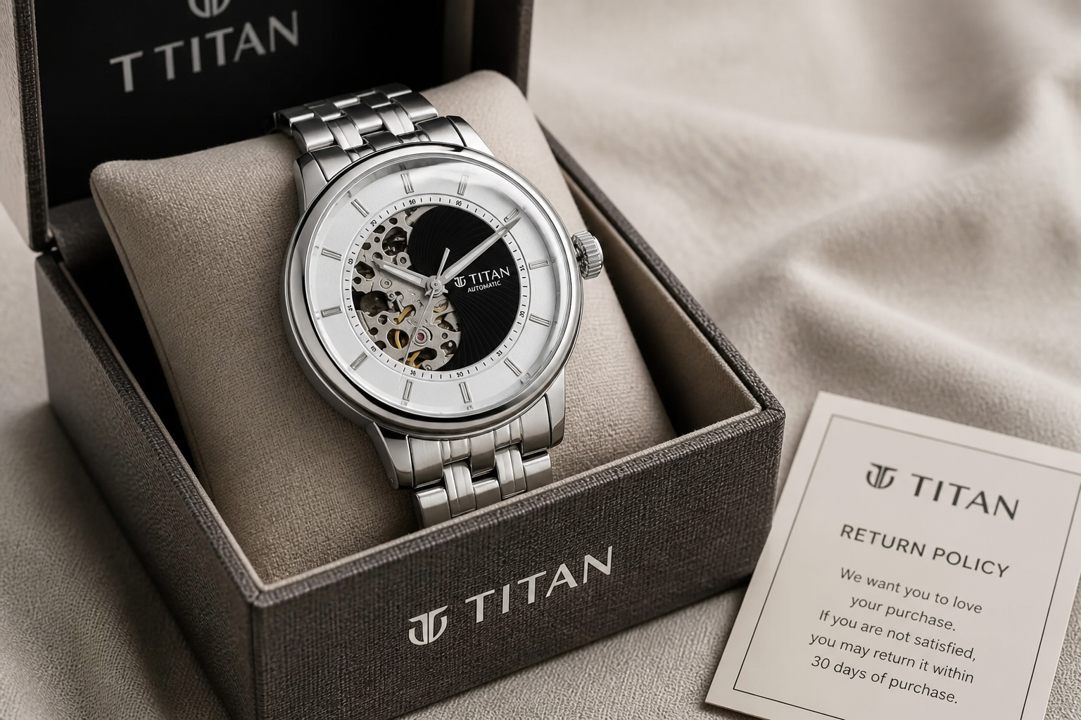 Titan Yin-Yang watch resting on its open branded presentation box with a return policy card placed beside it on a neutral linen surface