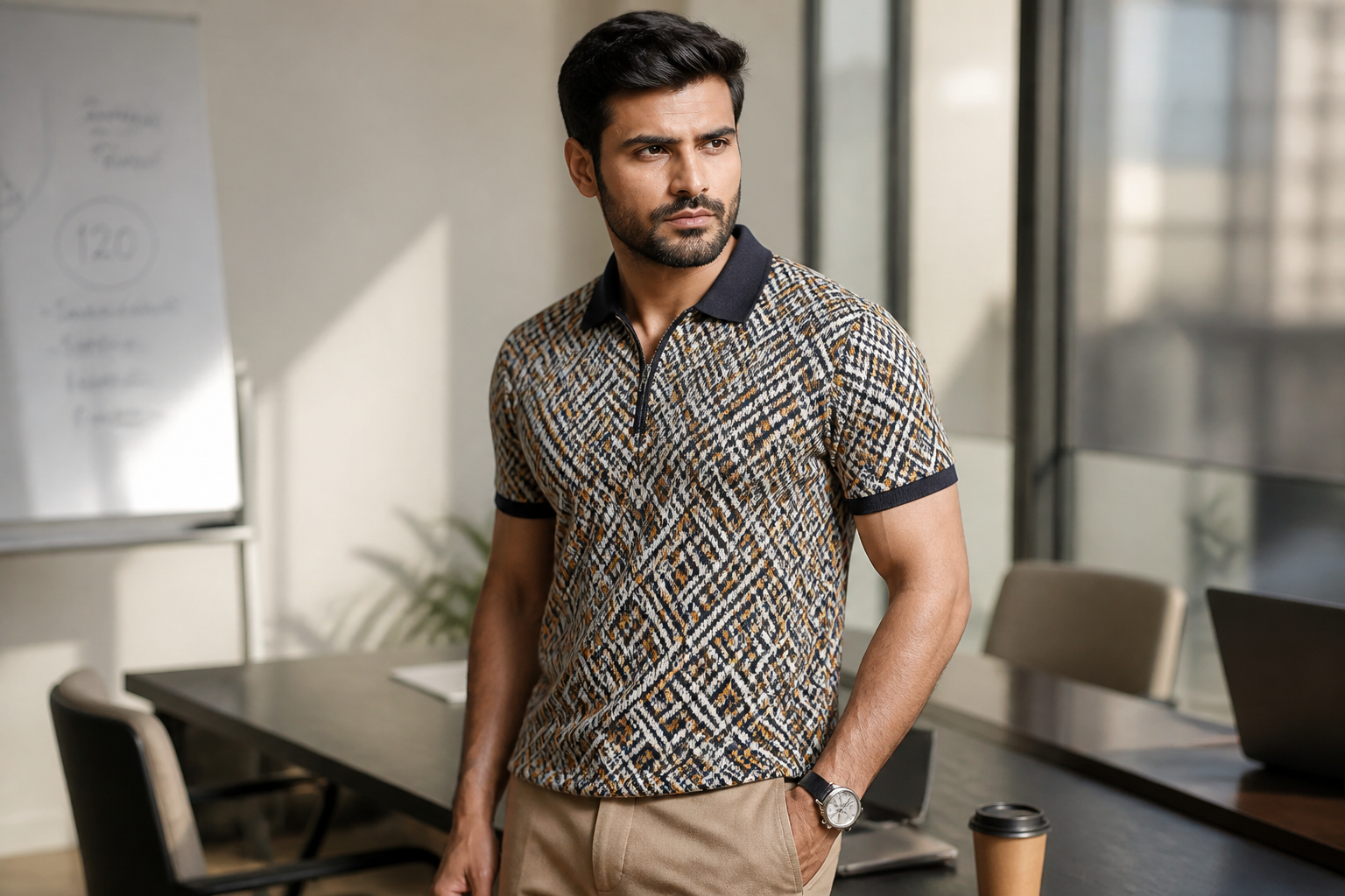 Man styling flat-knit polo with beige chinos at casual office meeting, modern smart-casual aesthetic