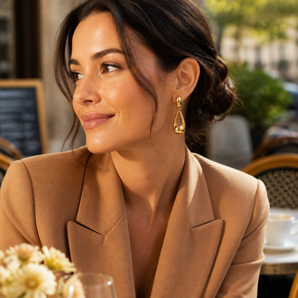 Woman wearing gold Lumen Hooks paired with a warm camel blazer at a sunlit morning brunch in editorial fashion photography style=