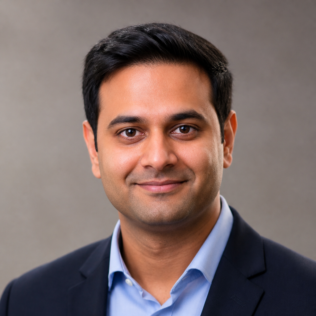 Indian man with neatly trimmed beard and dark wavy hair, soft daylight, confident gentle smile, sharp smart-casual portrait against a cream backdrop