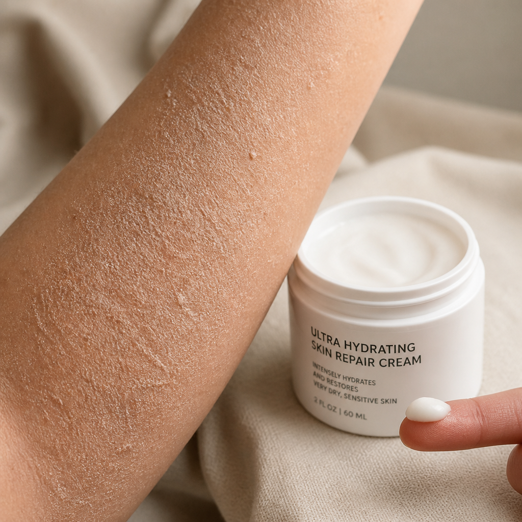 Close-up macro photo showing dry, bumpy, flaky skin texture with visible roughness and dullness on an arm, neutral beige background, unbranded and realistic problem skin