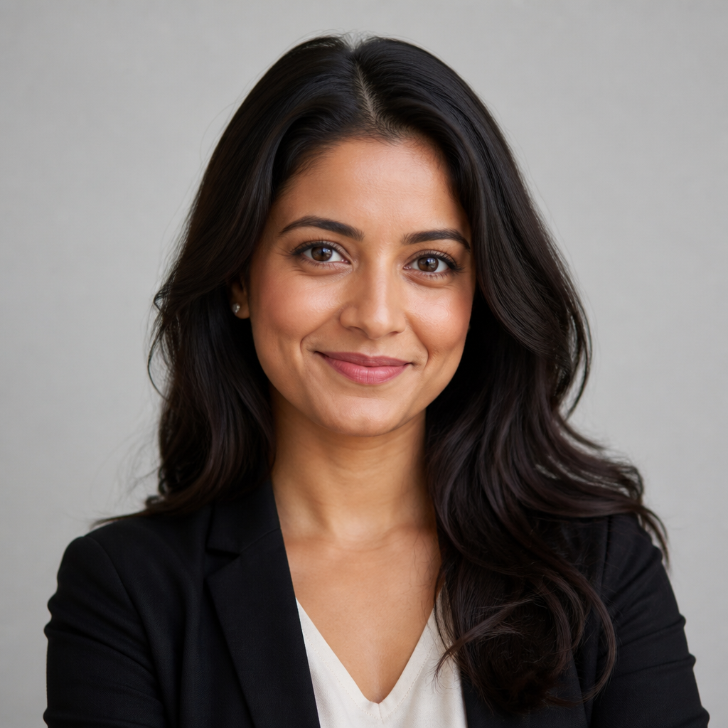 Close-up portrait of Priya Sharma smiling gently, soft natural daylight, warm friendly demeanor, professional headshot framing, neutral blurred background