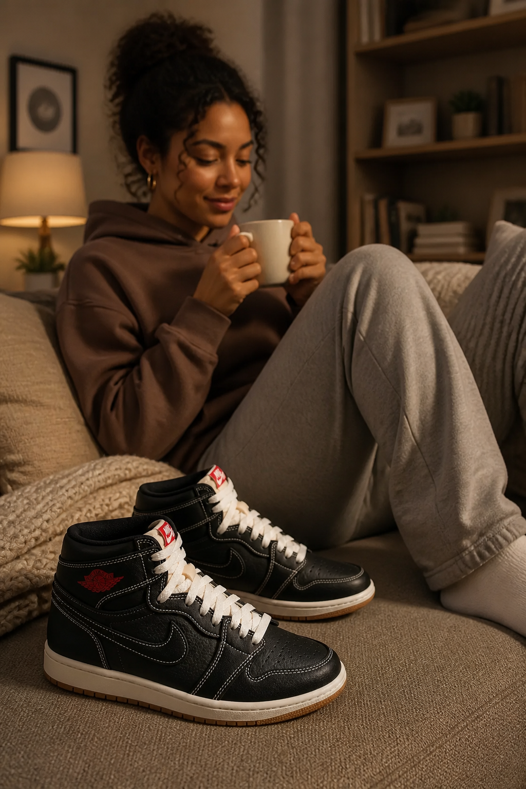 Relatable everyday moment showing a diverse young woman enjoying a quiet evening with Test gateway type on a couch in a cozy warmly lit living room