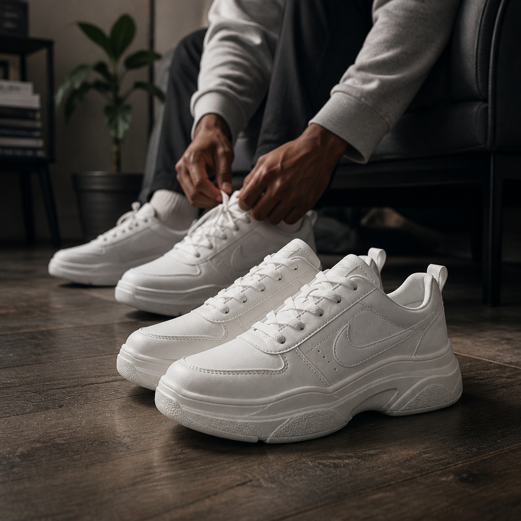 Three-quarter angle product shot of Nike Sneakers 3 styled in a moody modern setting highlighting the sleek side profile, clean lines, and signature Nike swoosh on the panel
