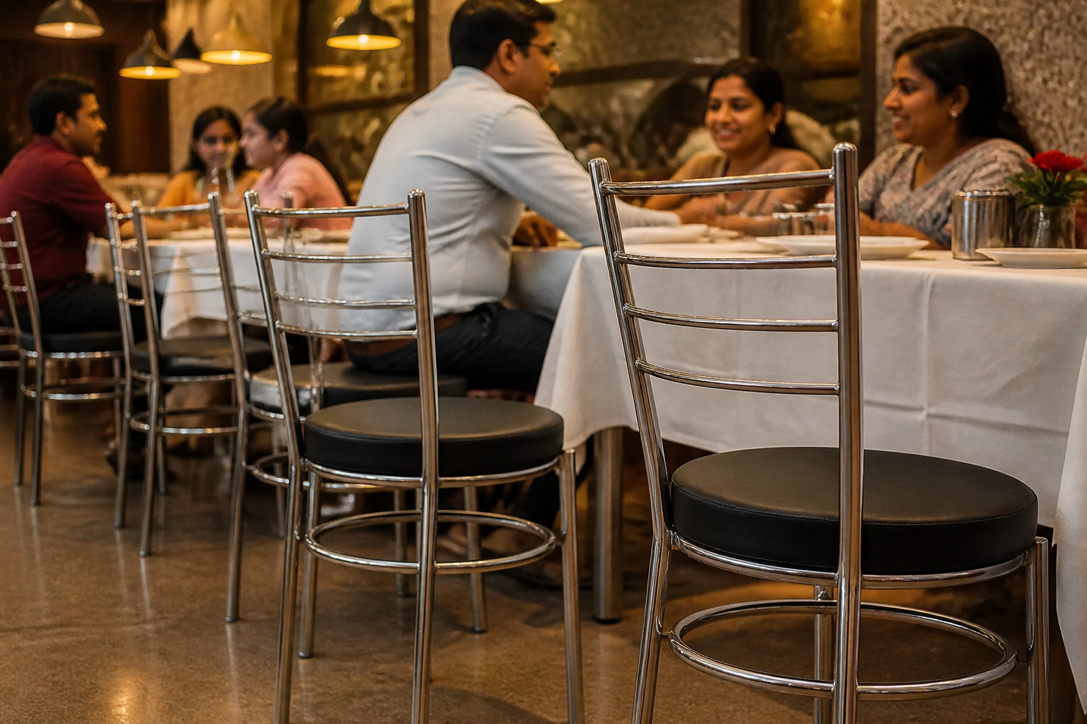 Multiple black steel chairs lined up in a busy restaurant dining room with white tablecloths and warm pendant lighting above.