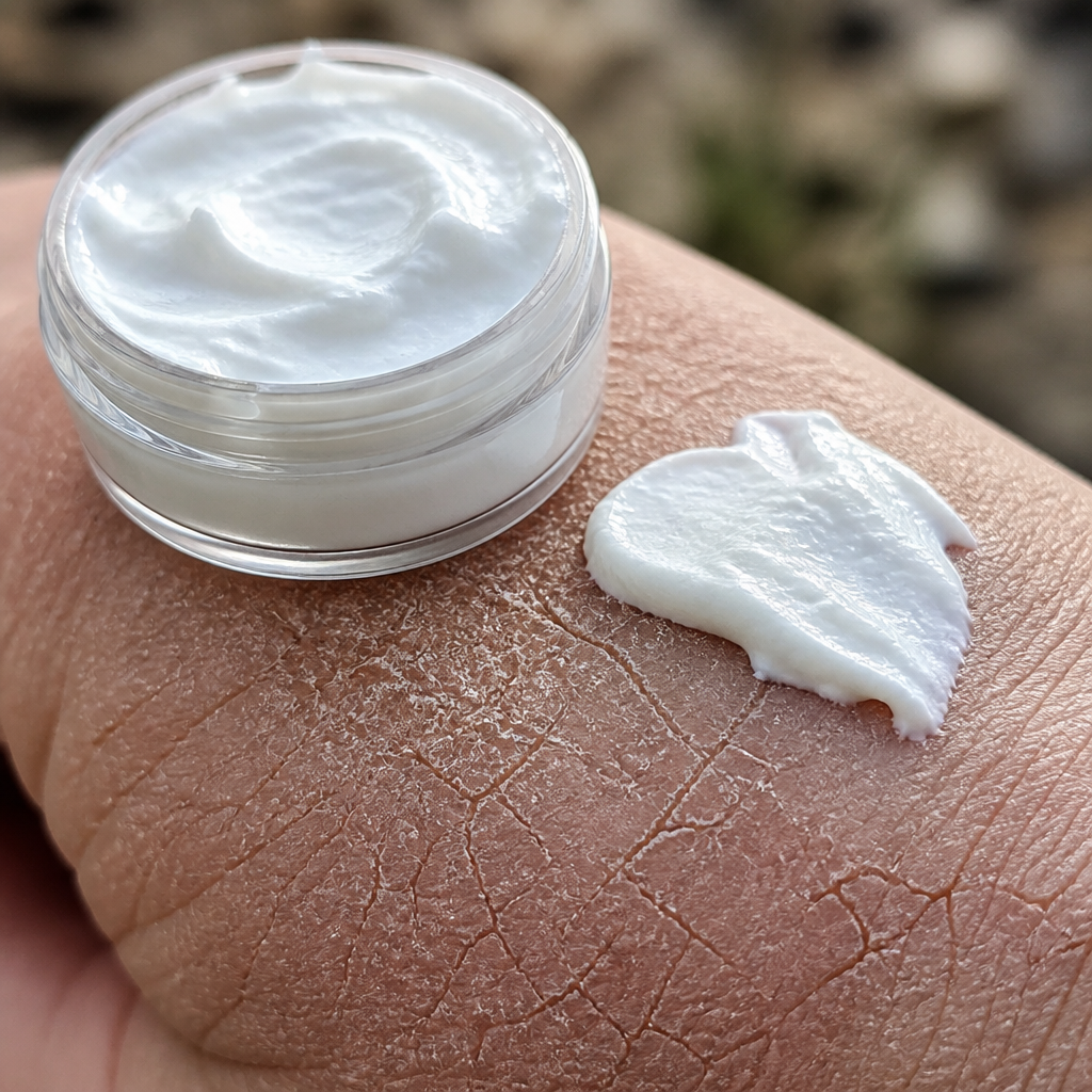 Close-up comparison image showing thick white cream sitting heavy on top of dry rough skin without absorbing, illustrating the old ineffective lotion method