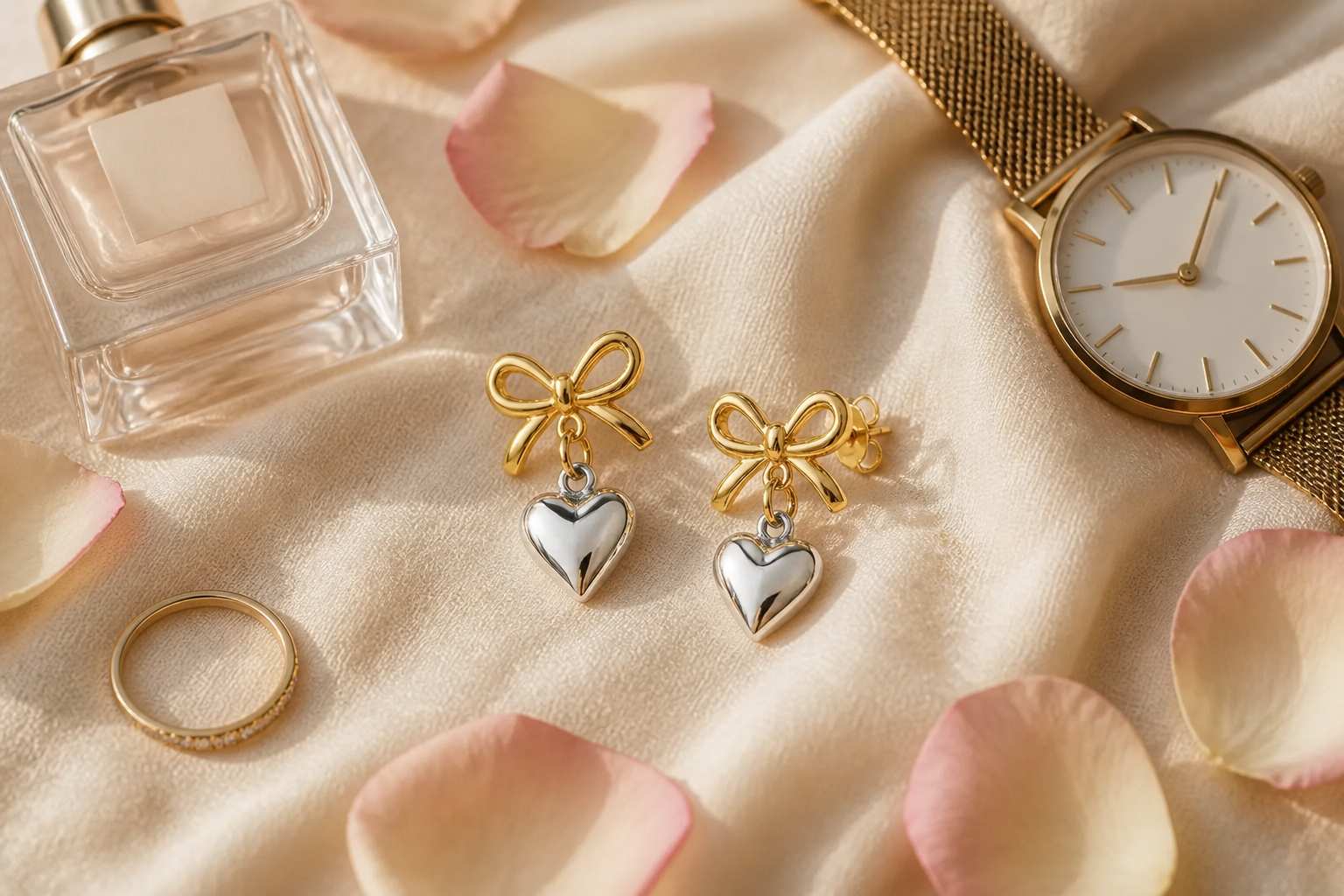 Editorial flat lay of Love Heart Earrings beside a watch, perfume bottle, ring, and soft rose petals on warm cream fabric