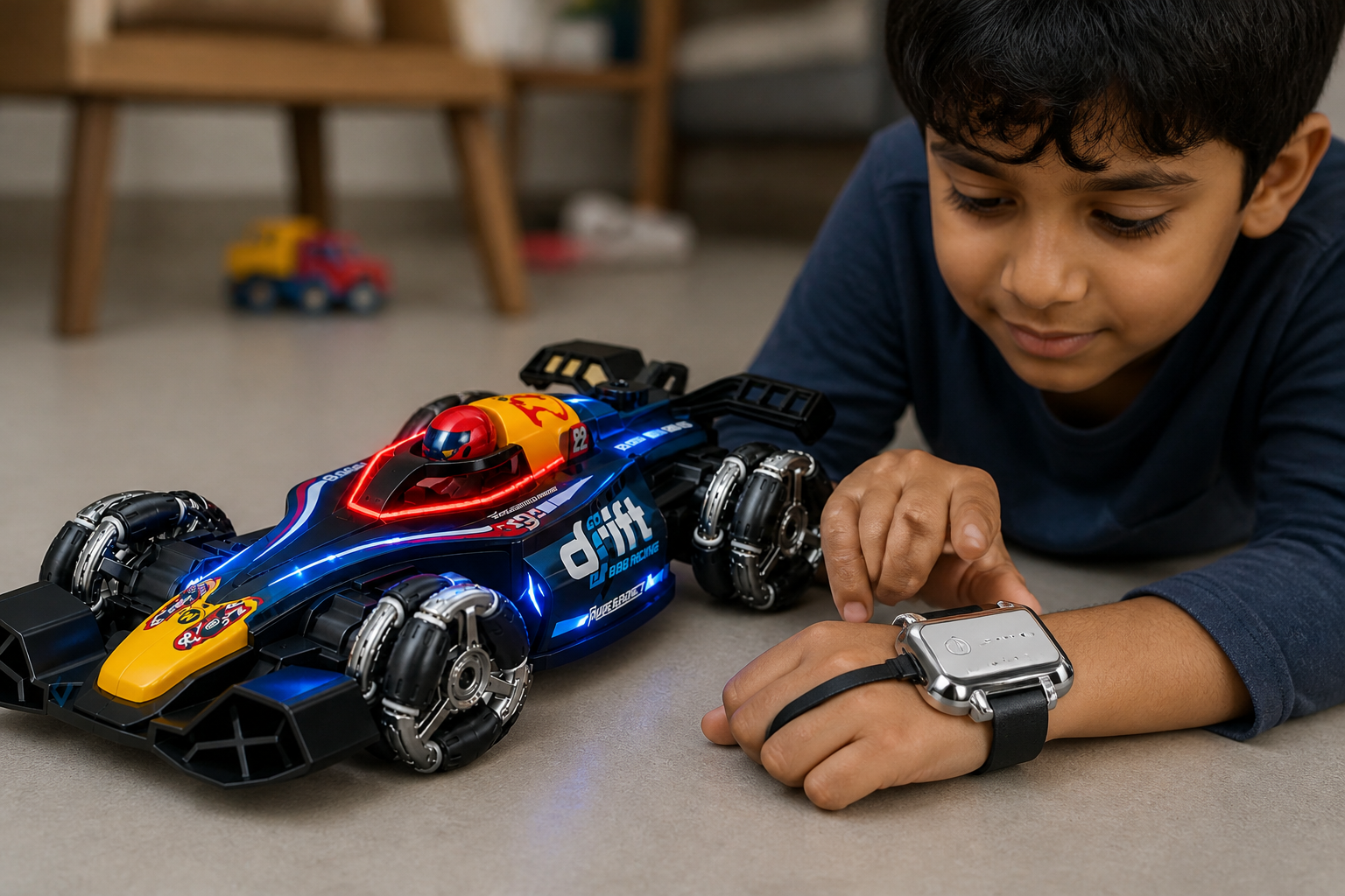 GRAPHENE Sensor Car with Smoke in silver chrome with hand-gesture sensor wristband laid beside it