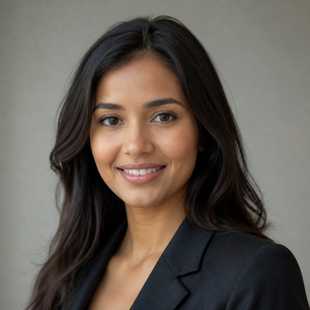 Close-up portrait of a smiling South Asian woman with shoulder-length dark hair, soft natural window light, warm neutral background, calm and approachable lifestyle mood