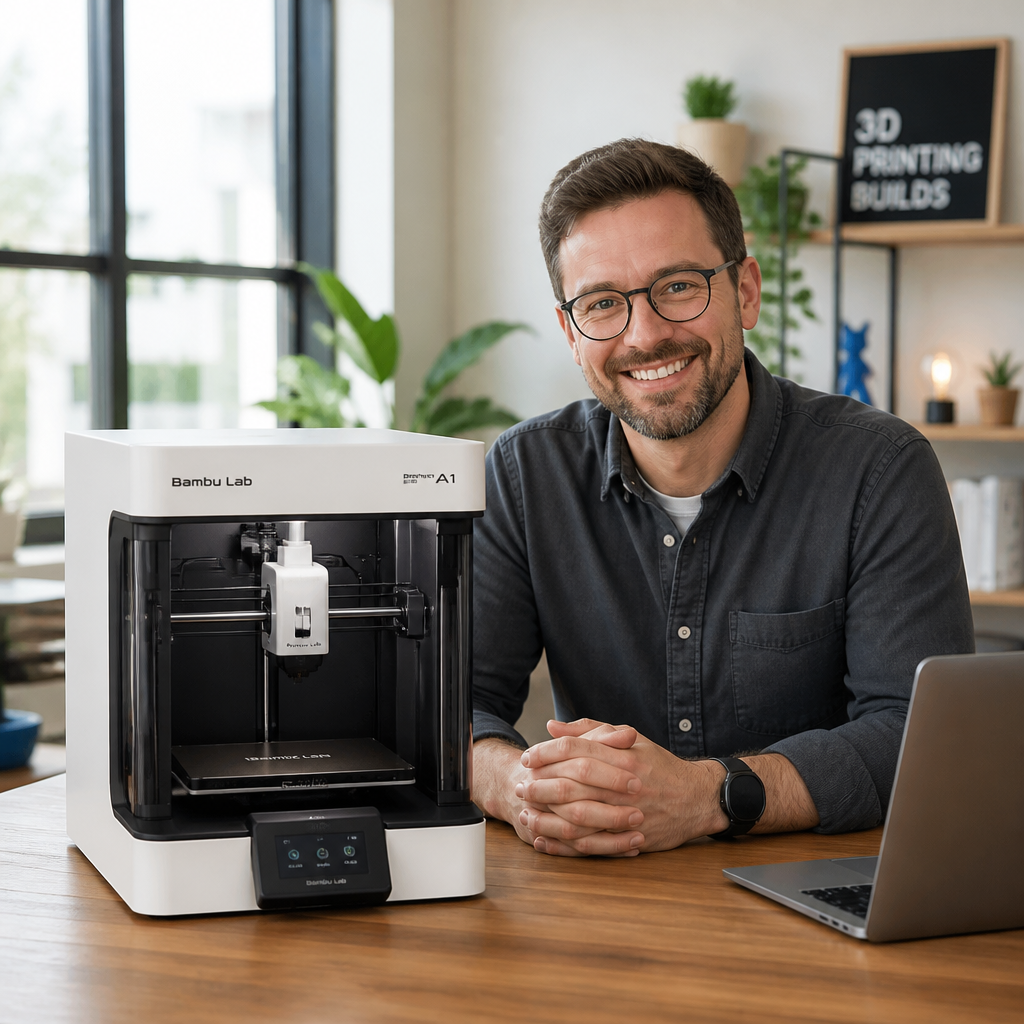 Professional portrait of a friendly mid-30s male 3D print reviewer with glasses smiling in a well-lit modern office studio wearing a casual button-up shirt