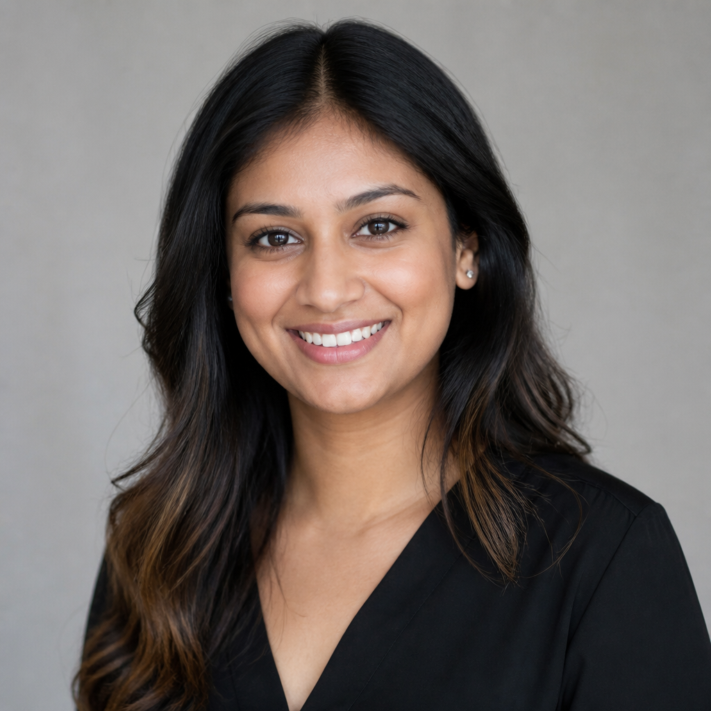 Close-up portrait of Anjali Patel, a confident South Indian woman in her forties, calm smile, warm golden-hour light, neutral cream background, soft natural skin tones