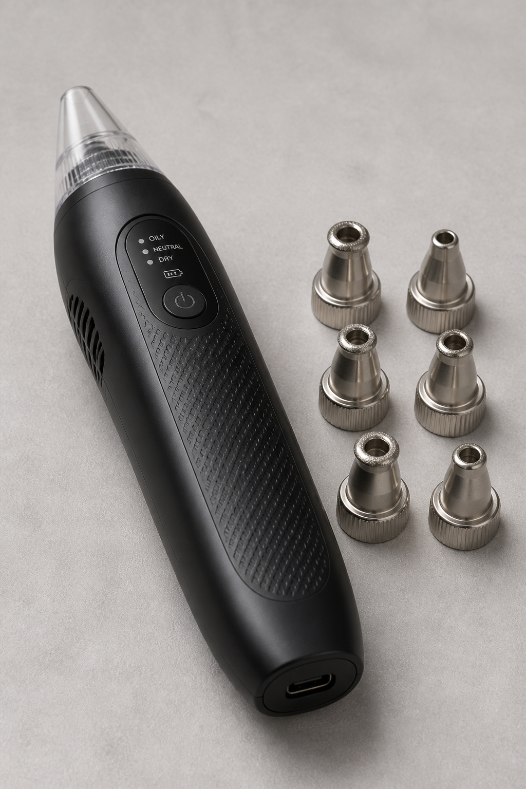 Generic metal blackhead extraction tool with rough finish and visible wear marks on a neutral background