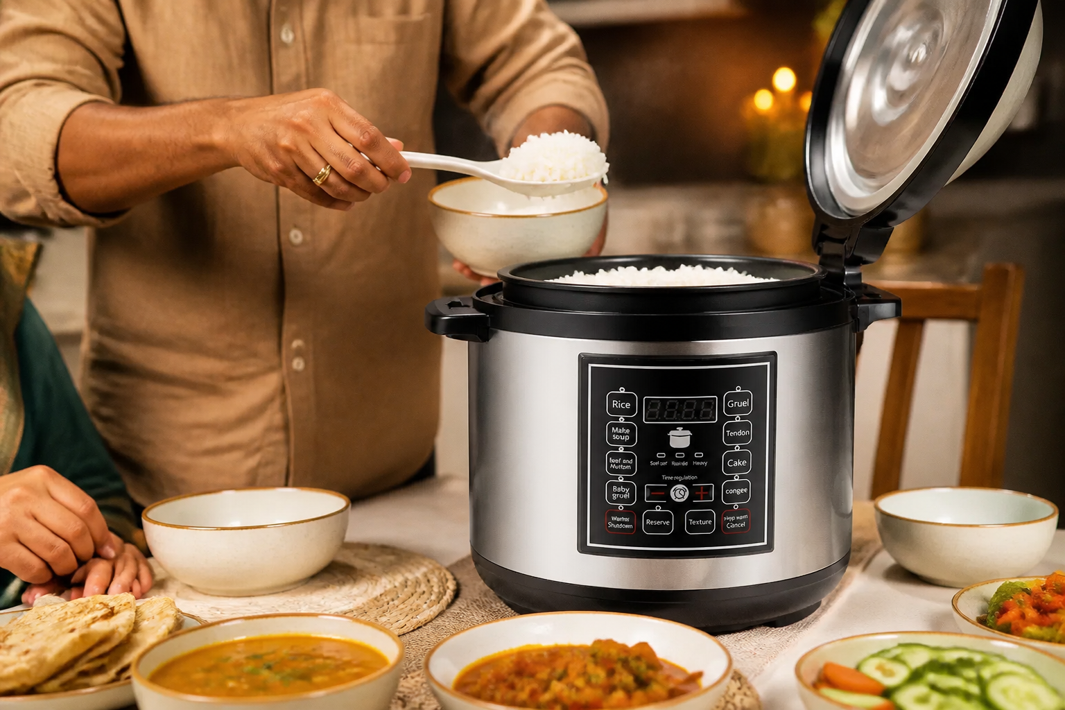A family member serving steaming hot rice from the cooker into bowls on a dinner table