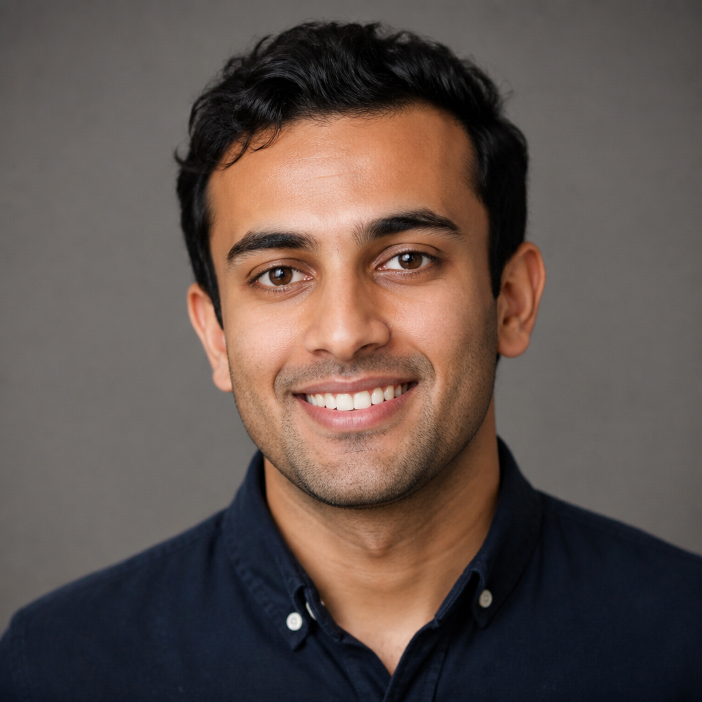 Portrait of an Indian man with short dark hair and a friendly smile sitting in his bright Bangalore apartment, warm afternoon light, blurred plants behind him