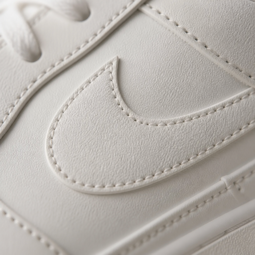 Extreme close-up macro photo of the iconic Nike swoosh logo stitched into the side panel of Nike Sneakers 3, showing fine thread detail and craftsmanship on a soft textured background