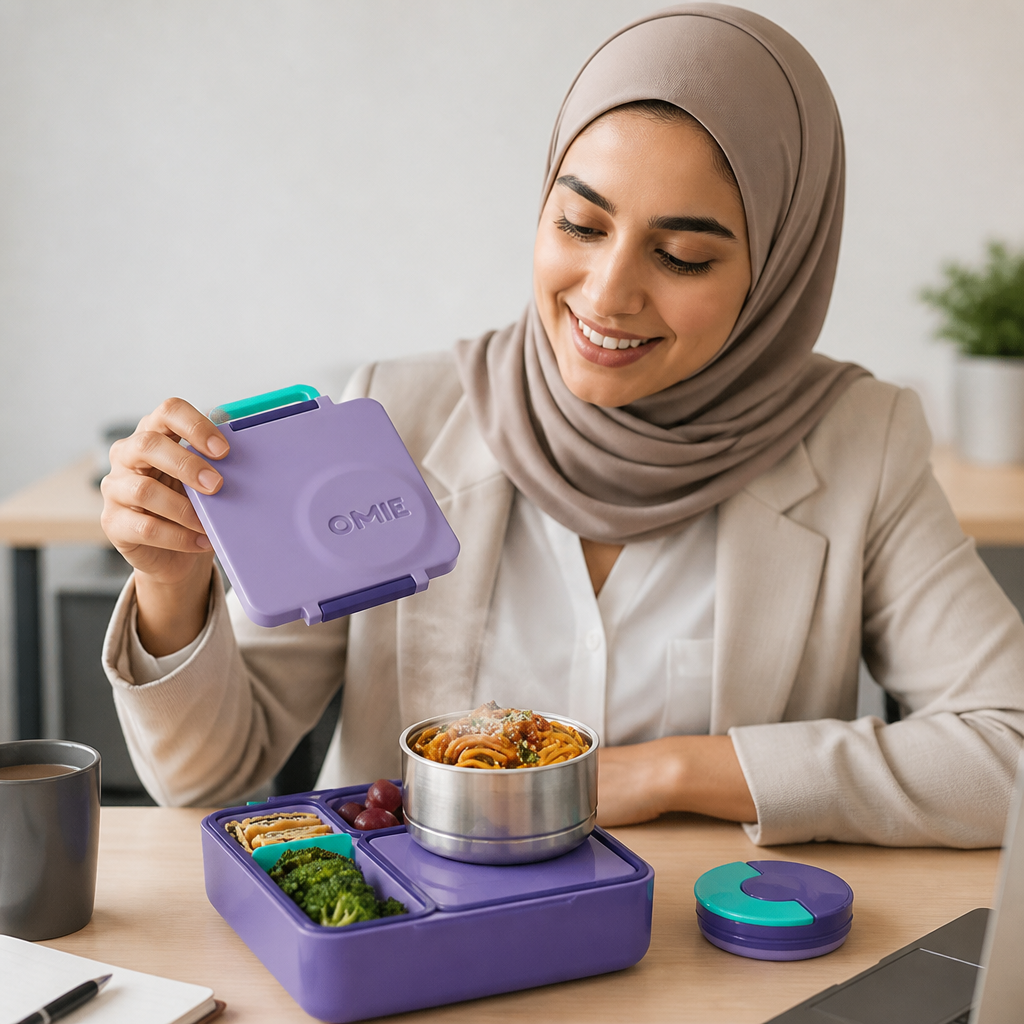 Lifestyle photo of a young professional smiling while opening the Bento Box at their office desk with steam rising from fresh homemade food inside