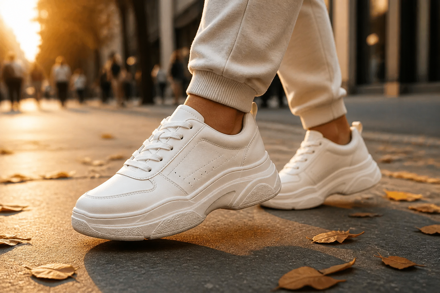 Lifestyle photo of Rohan wearing Nike Sneakers 3 on a city street at sunset