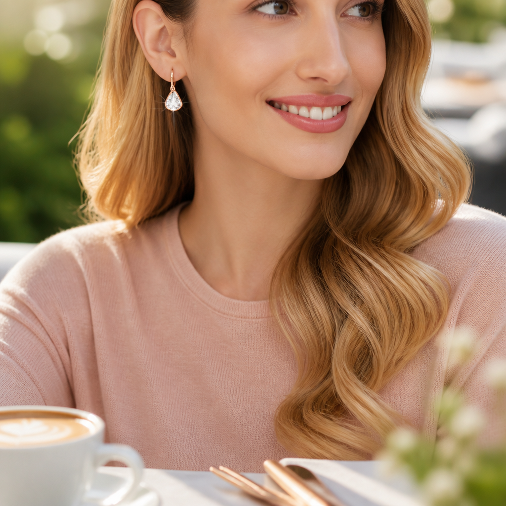 Portrait of a woman wearing the Lunar earrings at a sunny brunch table, smiling softly