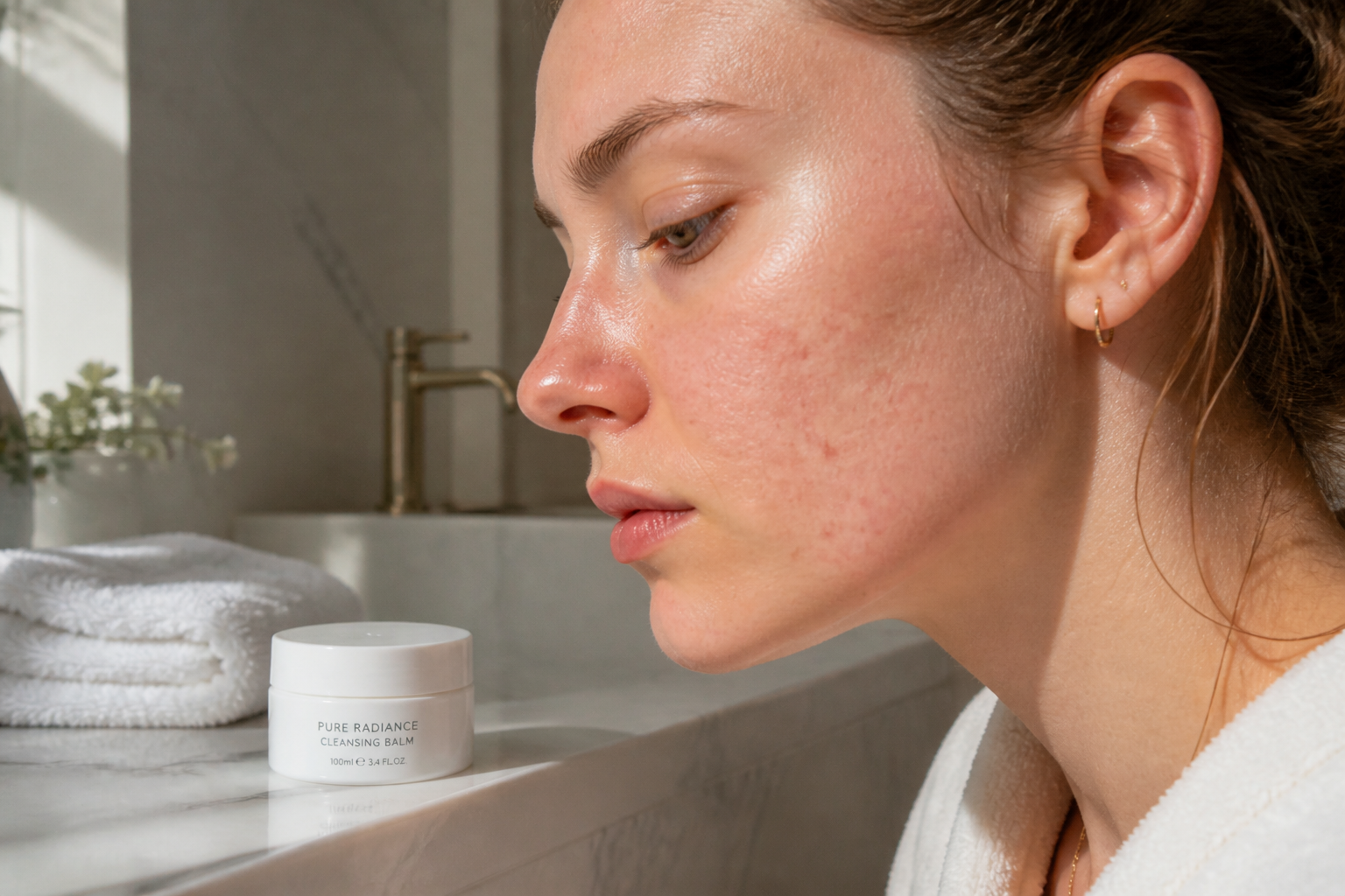 Before image of a young European woman showing visible blackheads and uneven pores on nose and cheek under natural daylight