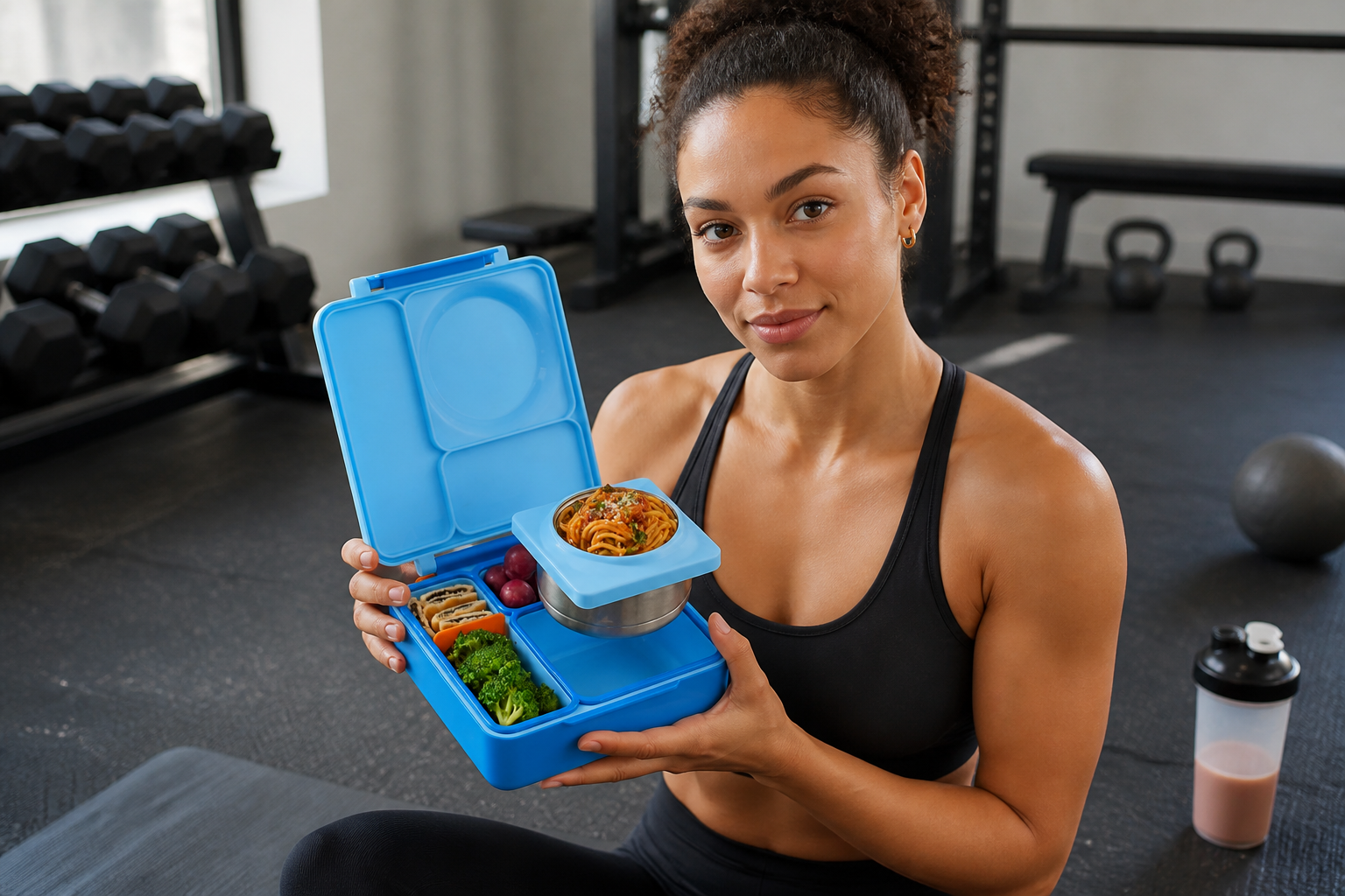 Athletic person in gym wear holding a Bento Box after workout with protein shake and fitness equipment visible in background
