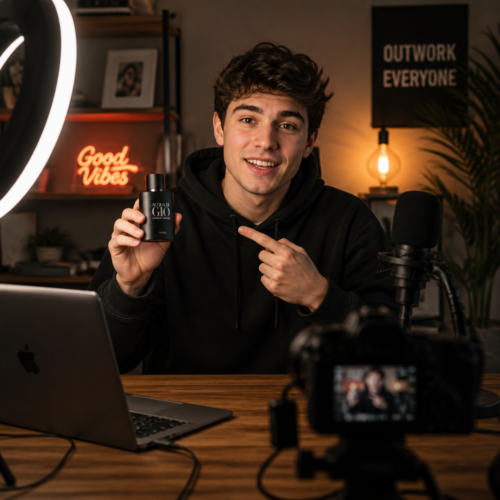 Young content creator filming product review video with ring light and multiple camera setup in home studio