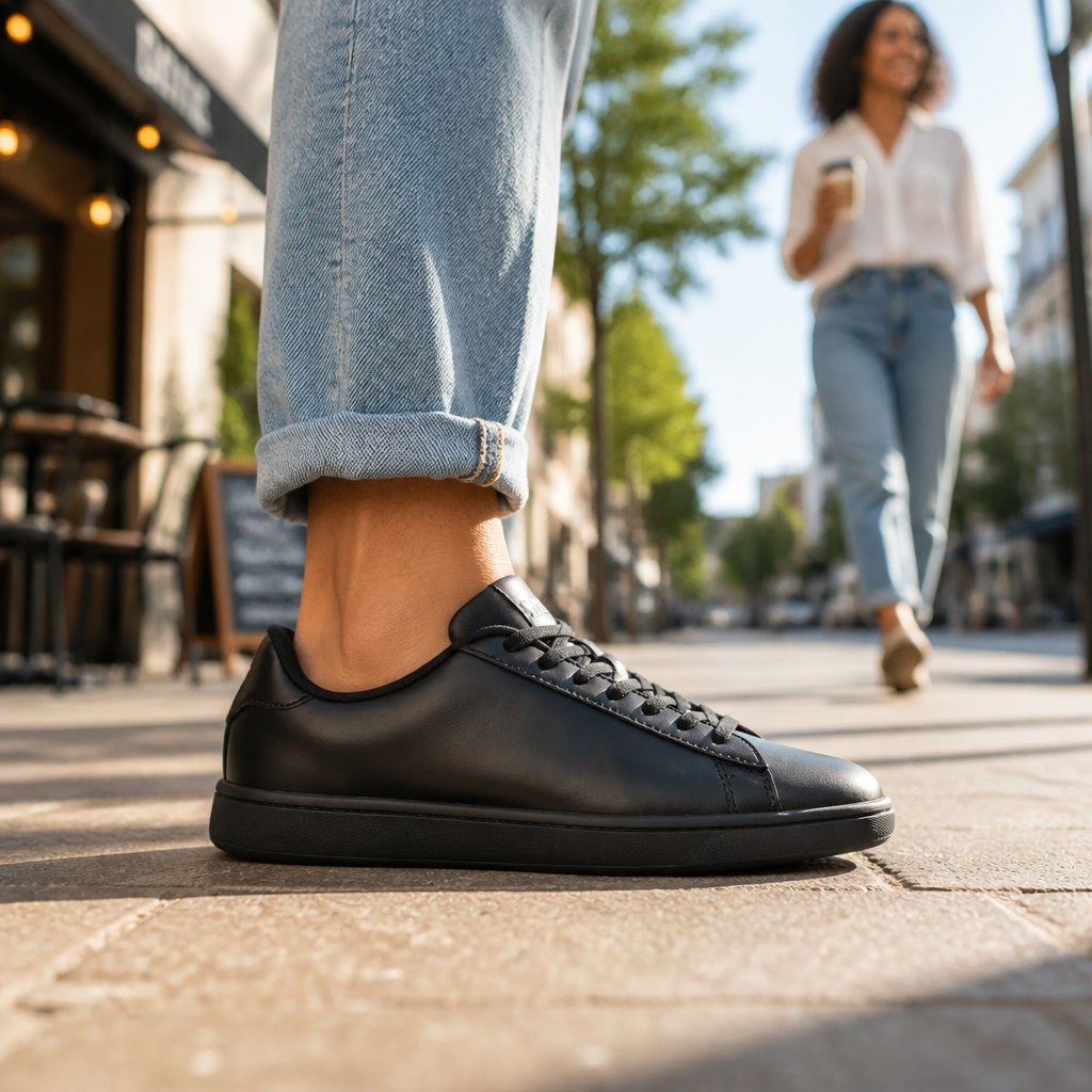Stylish young woman wearing PUMA Smashic sneakers walking through a sunlit café neighborhood with a coffee cup