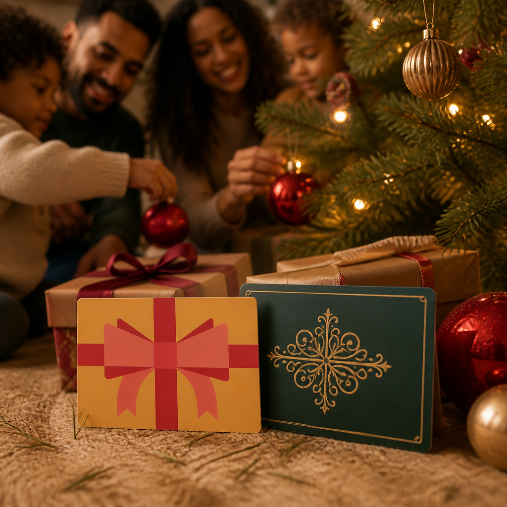A cozy holiday scene with gift cards beautifully arranged under a Christmas tree
