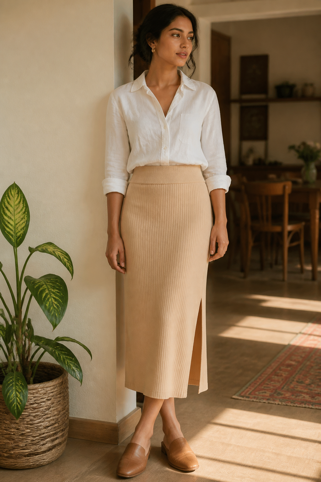 Three styling ideas collage panel one: an Indian woman wearing the beige Salazza Skirt with a tucked-in white linen blouse and tan mules in a sunlit home.