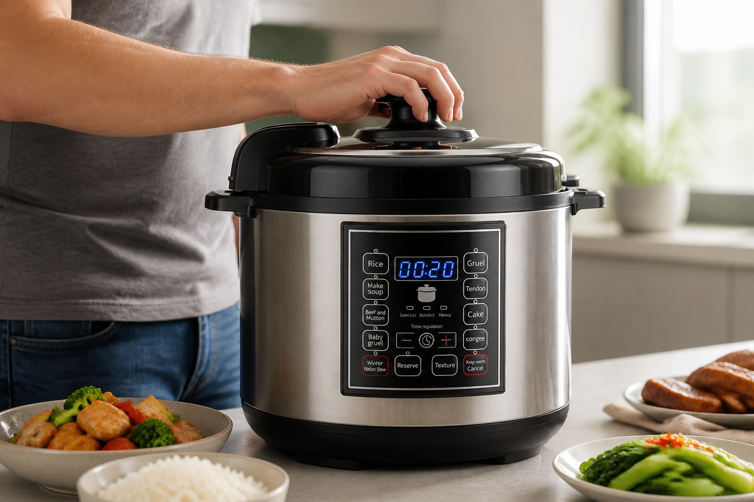 Split image showing product features: LCD display with digital timer, control panel with multi-function buttons, overheating protection indicator light, sleek product design