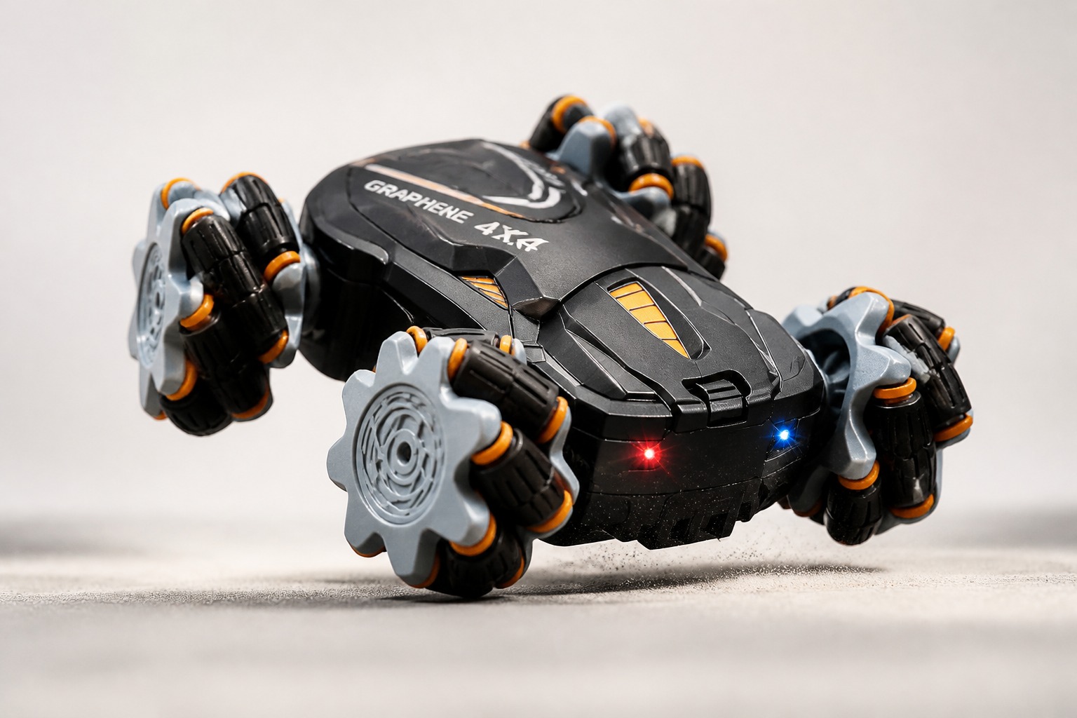GRAPHENE 4X4 stunt car righting itself mid-stunt after a tumble, suspension absorbing impact, dual-sided wheels visible