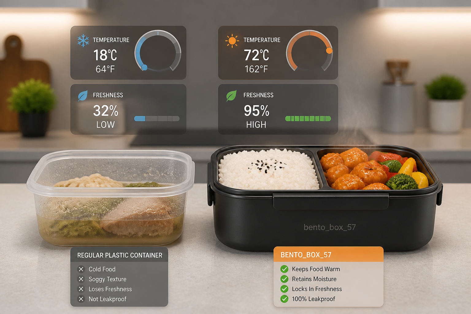 Side by side comparison showing a regular plastic container with cold soggy food on the left versus the Bento Box with hot perfectly preserved meal on the right, with temperature gauges and freshness indicators