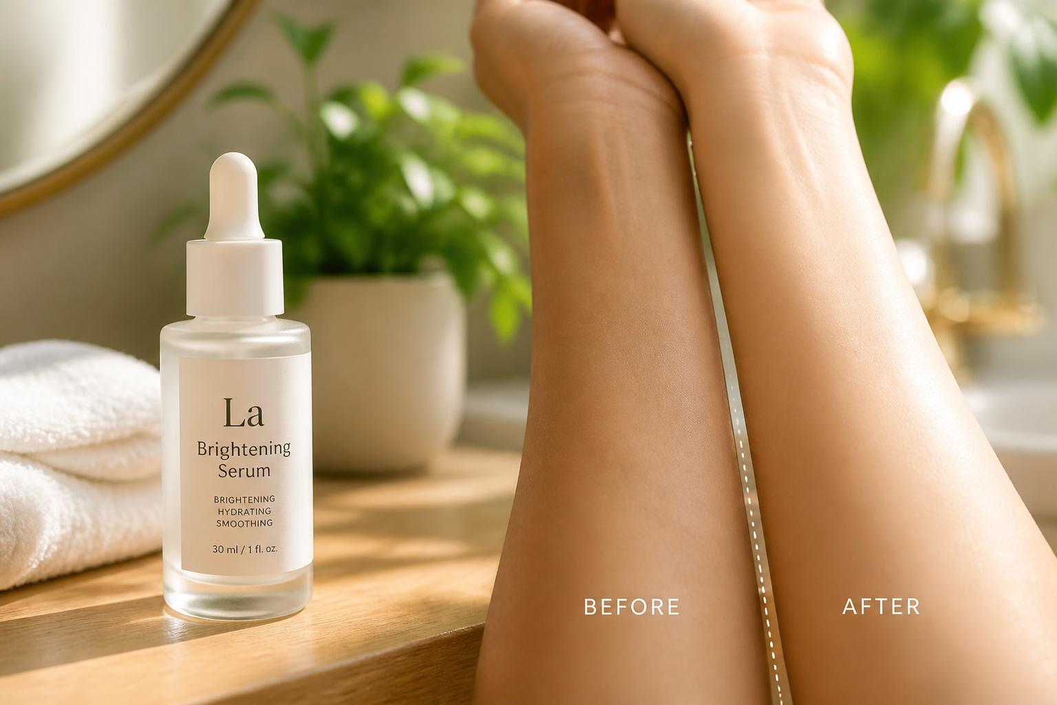Before and after skin tone comparison showing forearm with visibly brighter, more even-toned skin after using La'Maze lotion for two weeks