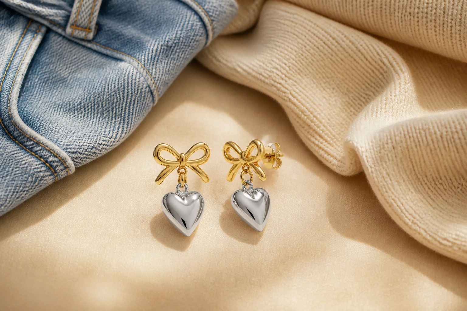 Outfit flat lay featuring denim jeans, neutral cream knit top, and Love Heart Earrings placed carefully on soft beige surface with morning light