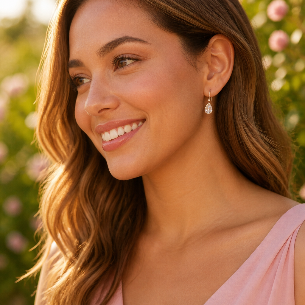 Young woman wearing pink Lunar Drop earrings with a soft pink dress, smiling naturally in a sunlit garden setting with warm afternoon glow