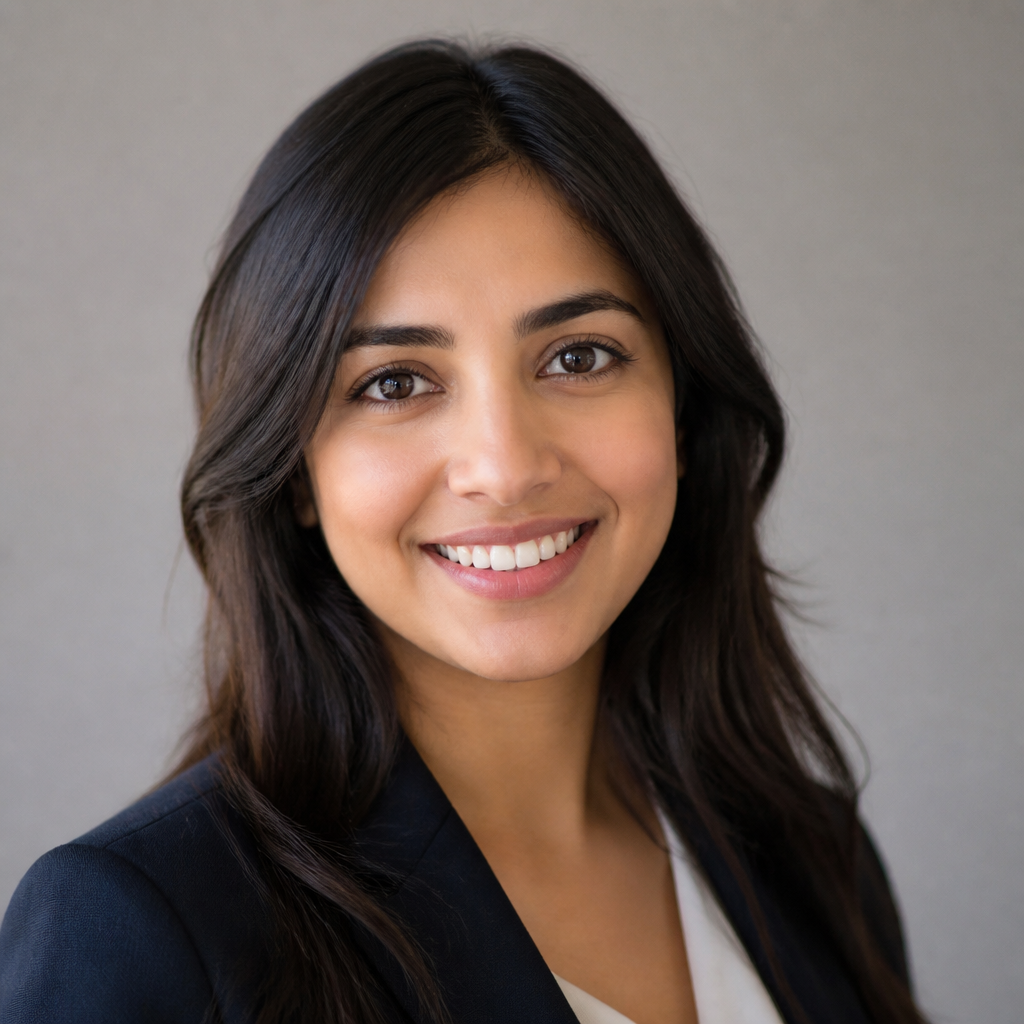Smiling Indian woman with shoulder-length dark hair and warm brown skin posing for a friendly portrait, soft natural window light, plain cream studio backdrop, casual and approachable beauty review headshot