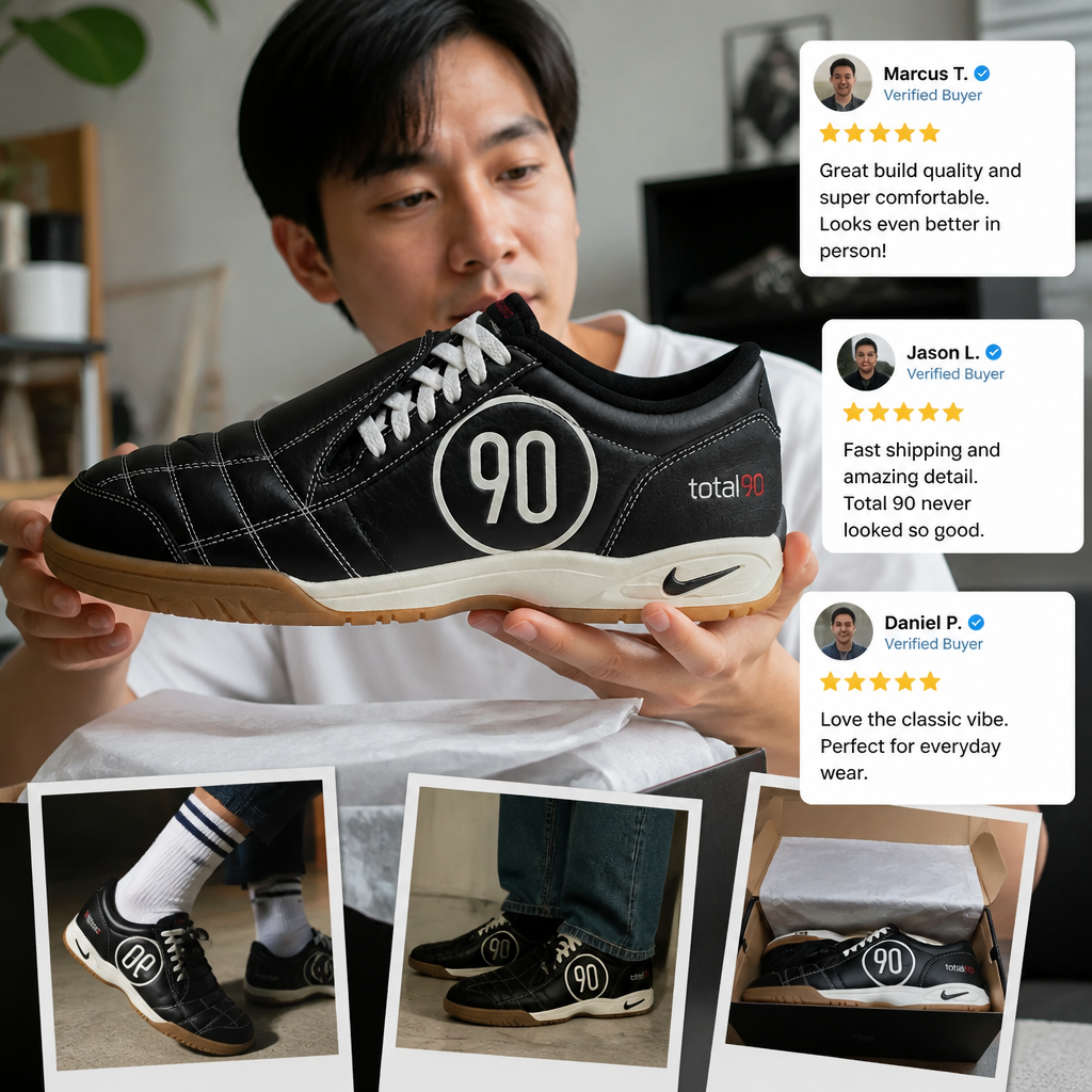Collage of verified reviewer badges and customer unboxing moments captured in everyday lighting showing the sneakers in use