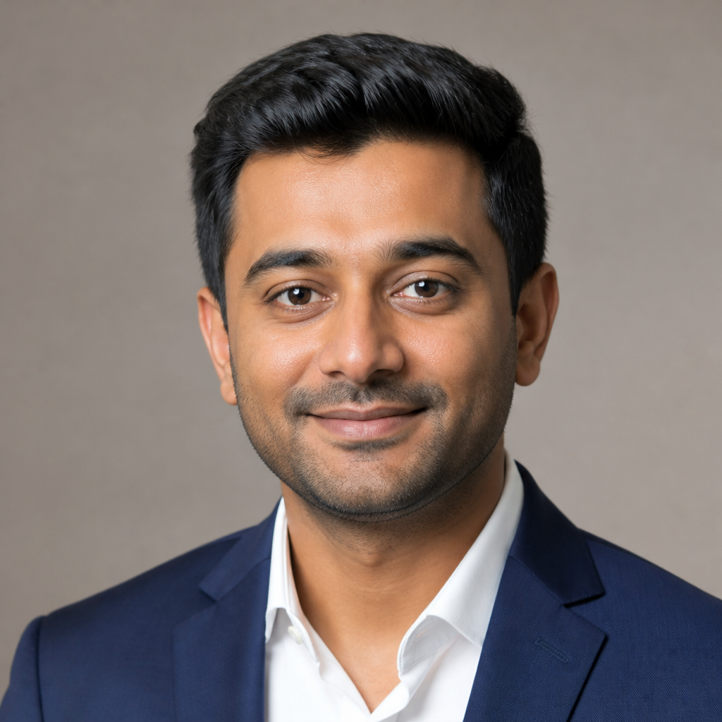 Close-up portrait of an Indian man in his thirties, warm friendly smile, short dark hair, casual button-up shirt, softly blurred caf&eacute; background in natural light