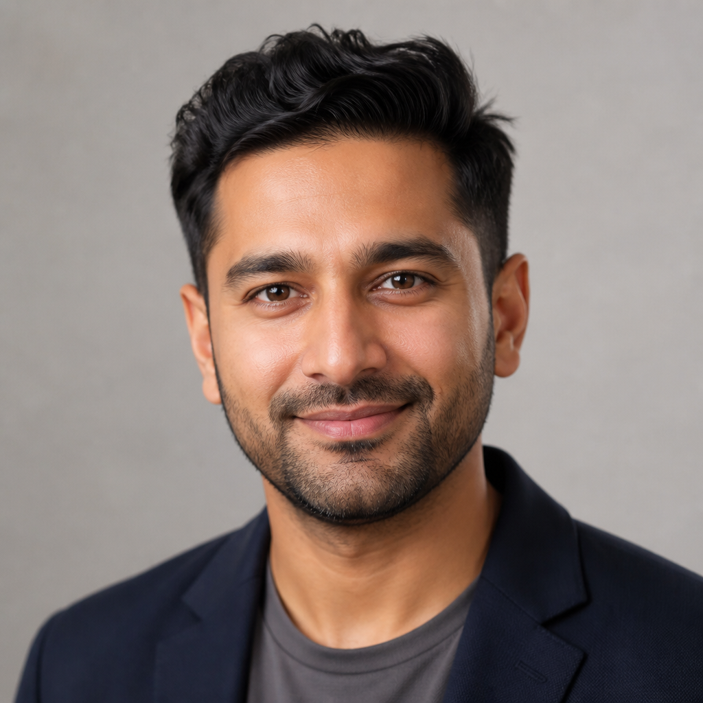 Close-up portrait of a friendly young South Asian man with short dark hair and light stubble, soft daylight, gentle smile, blurred neutral background
